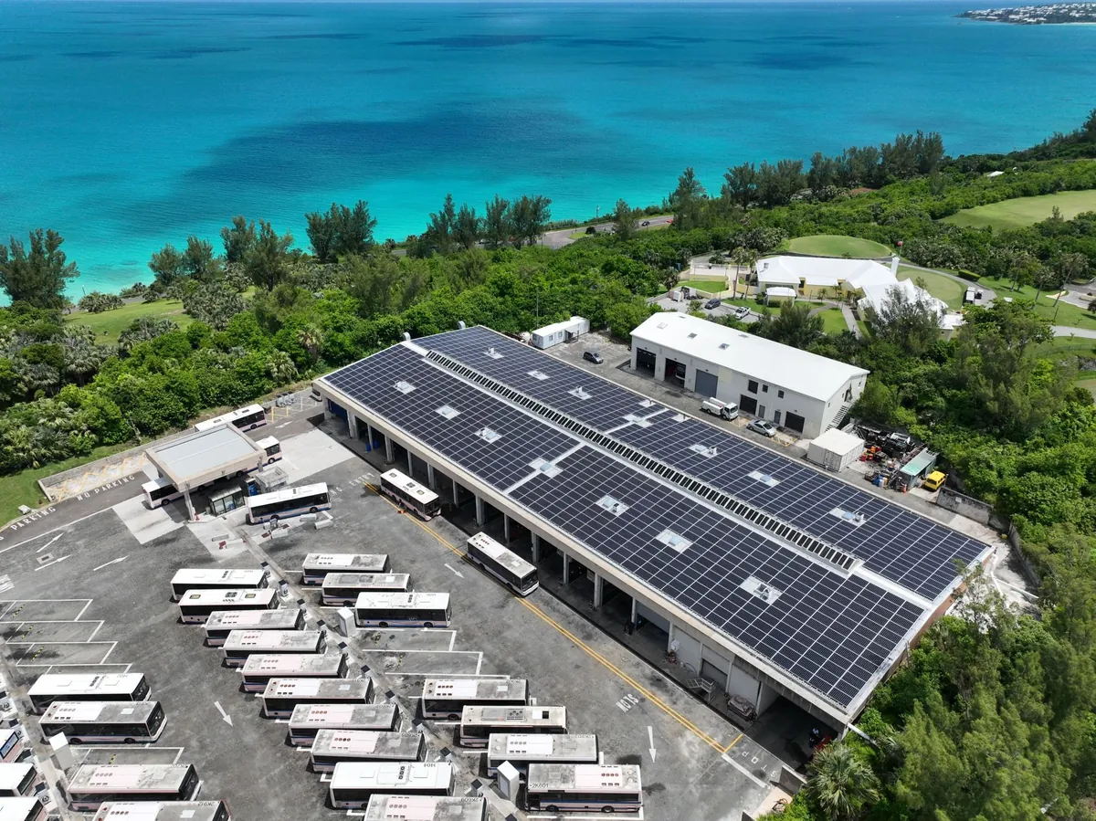 Solar panels on the Department of Public Transportation bus garage roof above the south shore, Bermuda