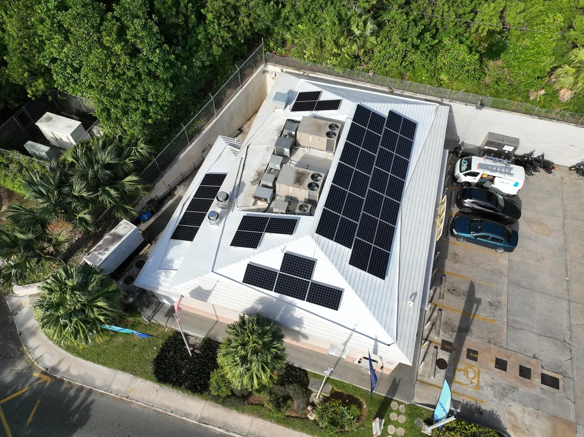 Solar panels on the Esso Collector's Hill service station roof, seen from the air