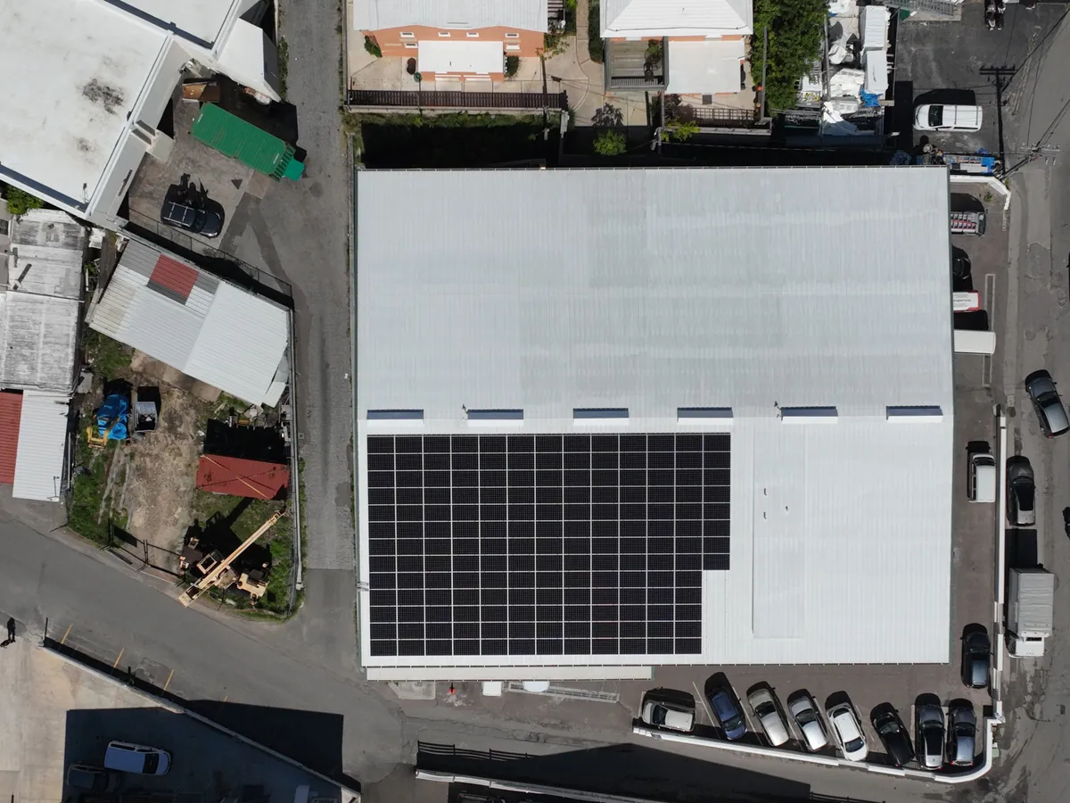 Solar panels on the GreyBar Building roof, seen from directly above