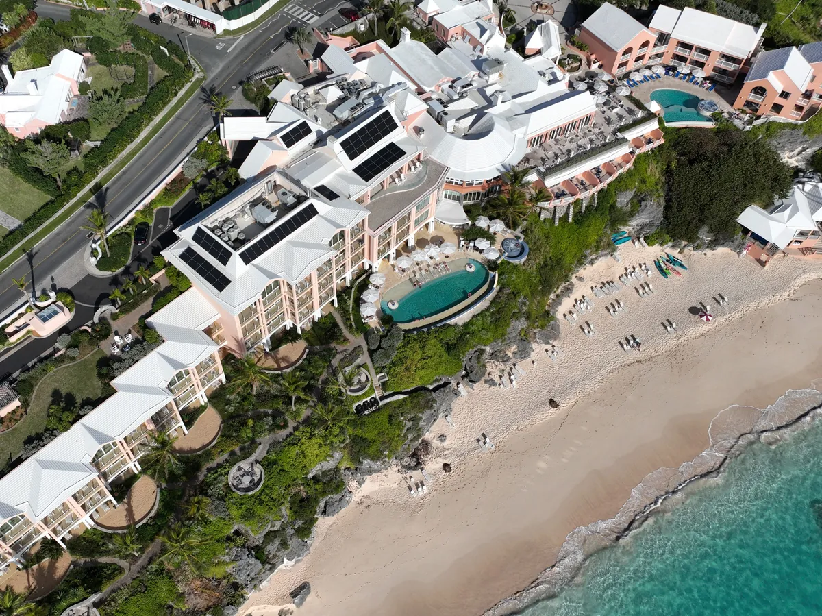 The Reefs resort in Southampton, Bermuda, with solar panels on its roofs, seen from the air