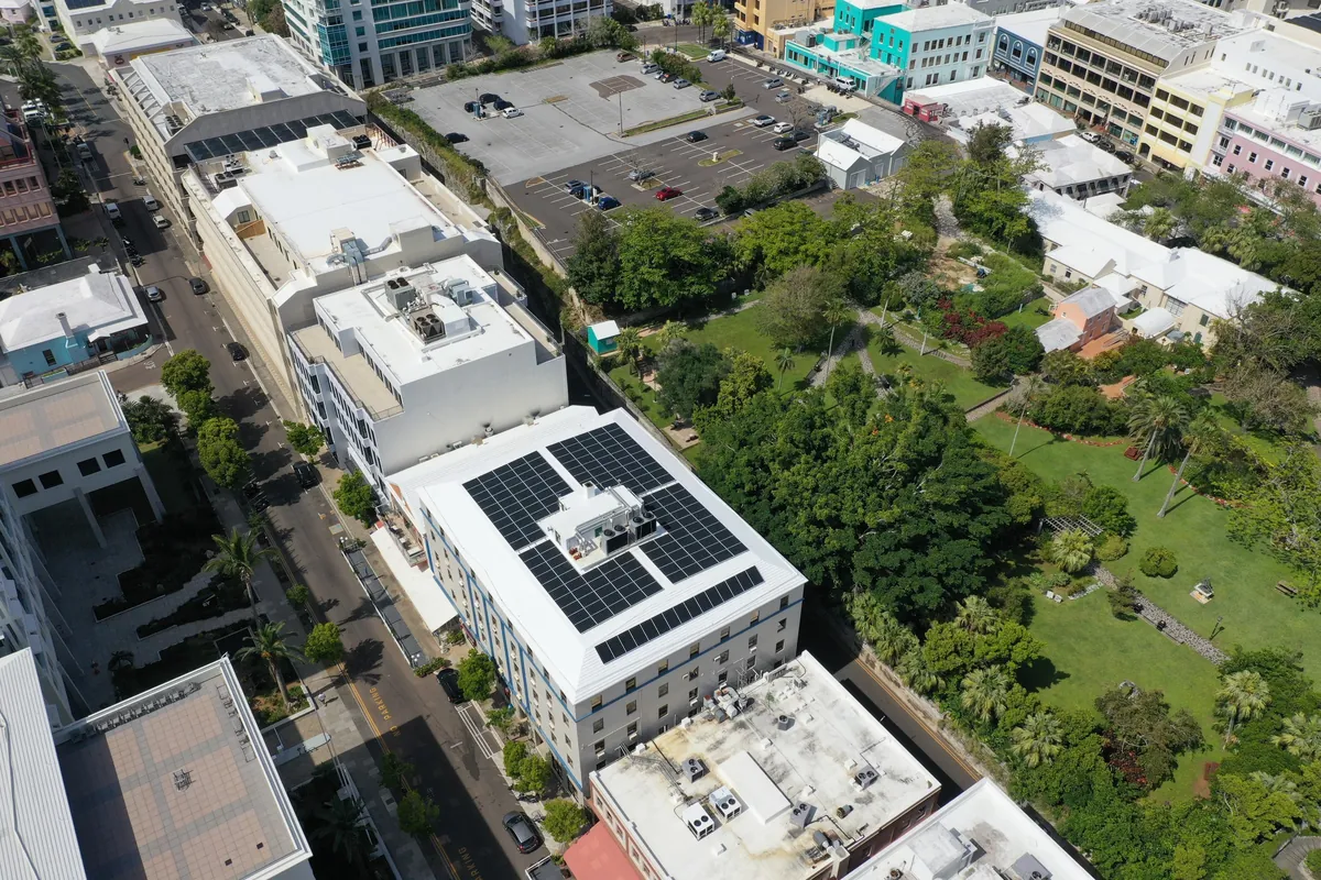 Solar panels on the Vallis Building roof beside Victoria Park, Hamilton
